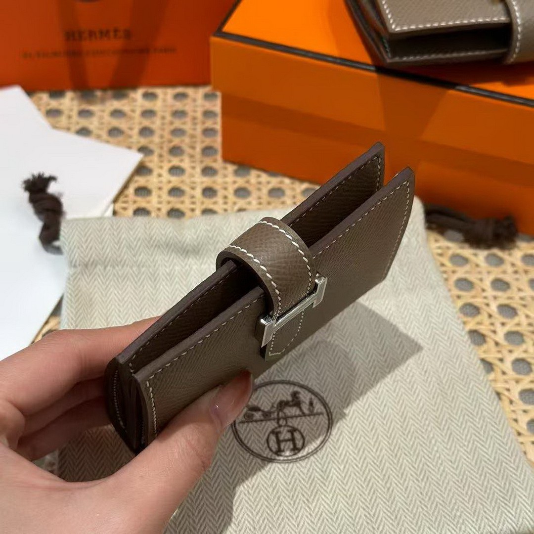 Hermes Bearn Mini Wallet Card Holder Handmade In Epsom Calfskin Leather Silver Hardware ck18 Etoupe - Image 10
