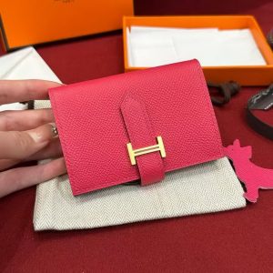 Hermes Bearn Mini Wallet Card Holder Handmade In Epsom Calfskin Leather Gold Hardware i6 Rose Extreme