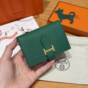 Hermes Bearn Mini Wallet Card Holder Handmade In Epsom Calfskin Leather Gold Hardware U4 Vert Vertigo