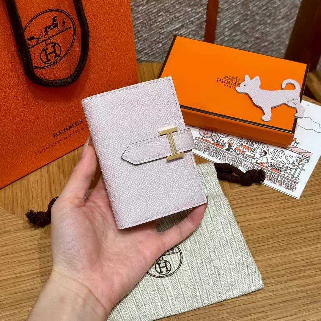 Hermes Bearn Mini Wallet Card Holder Handmade In Epsom Calfskin Leather Gold Hardware 09 Mauve Pale