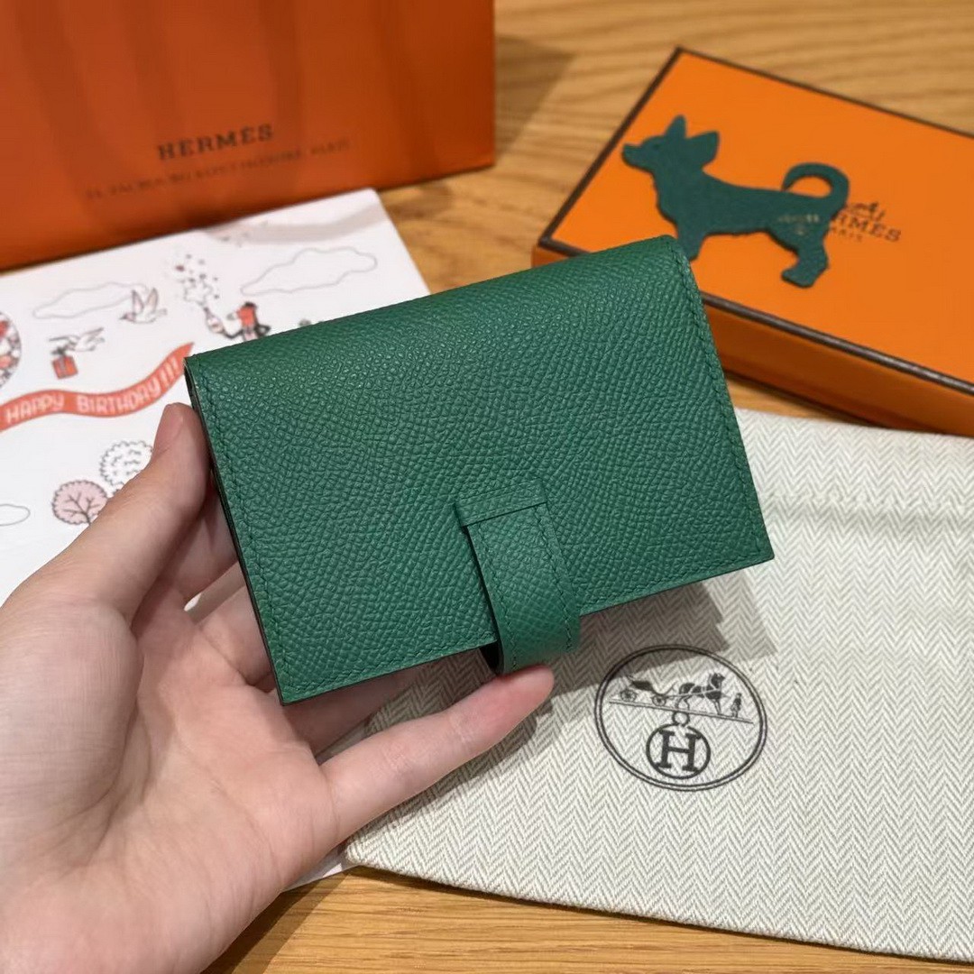 Hermes Bearn Mini Wallet Card Holder Handmade In Epsom Calfskin Leather Gold Hardware U4 Vert Vertigo - Image 2