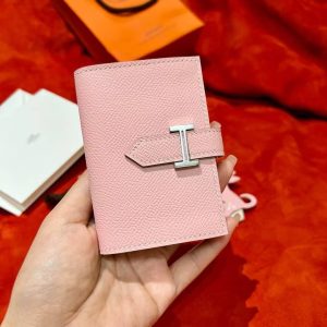 Hermes Bearn Mini Wallet Card Holder Handmade In Epsom Calfskin Leather Silver Hardware 3Q Rose Sakura