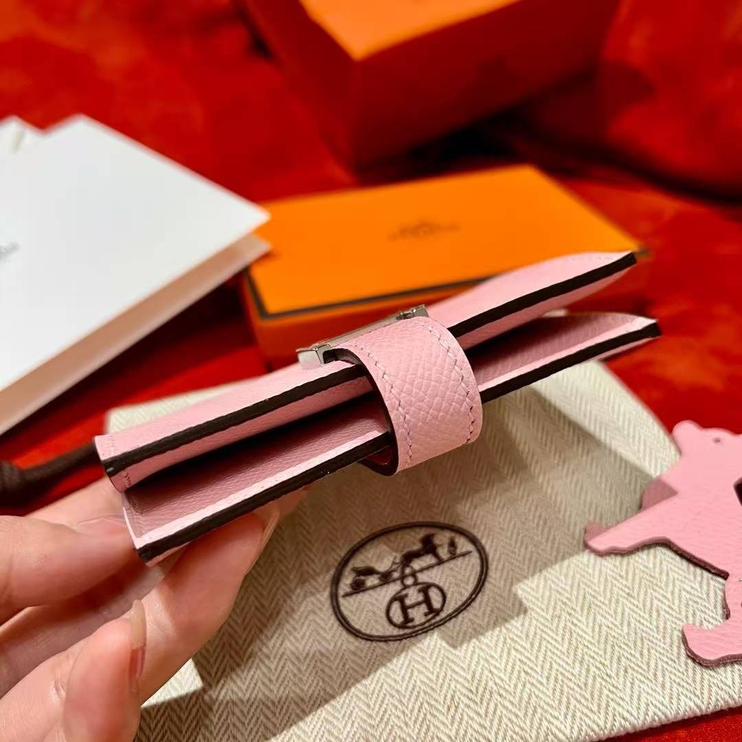 Hermes Bearn Mini Wallet Card Holder Handmade In Epsom Calfskin Leather Silver Hardware 3Q Rose Sakura - Image 2