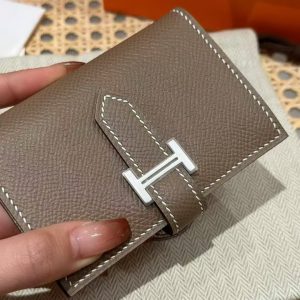 Hermes Bearn Mini Wallet Card Holder Handmade In Epsom Calfskin Leather Silver Hardware ck18 Etoupe - Image 14