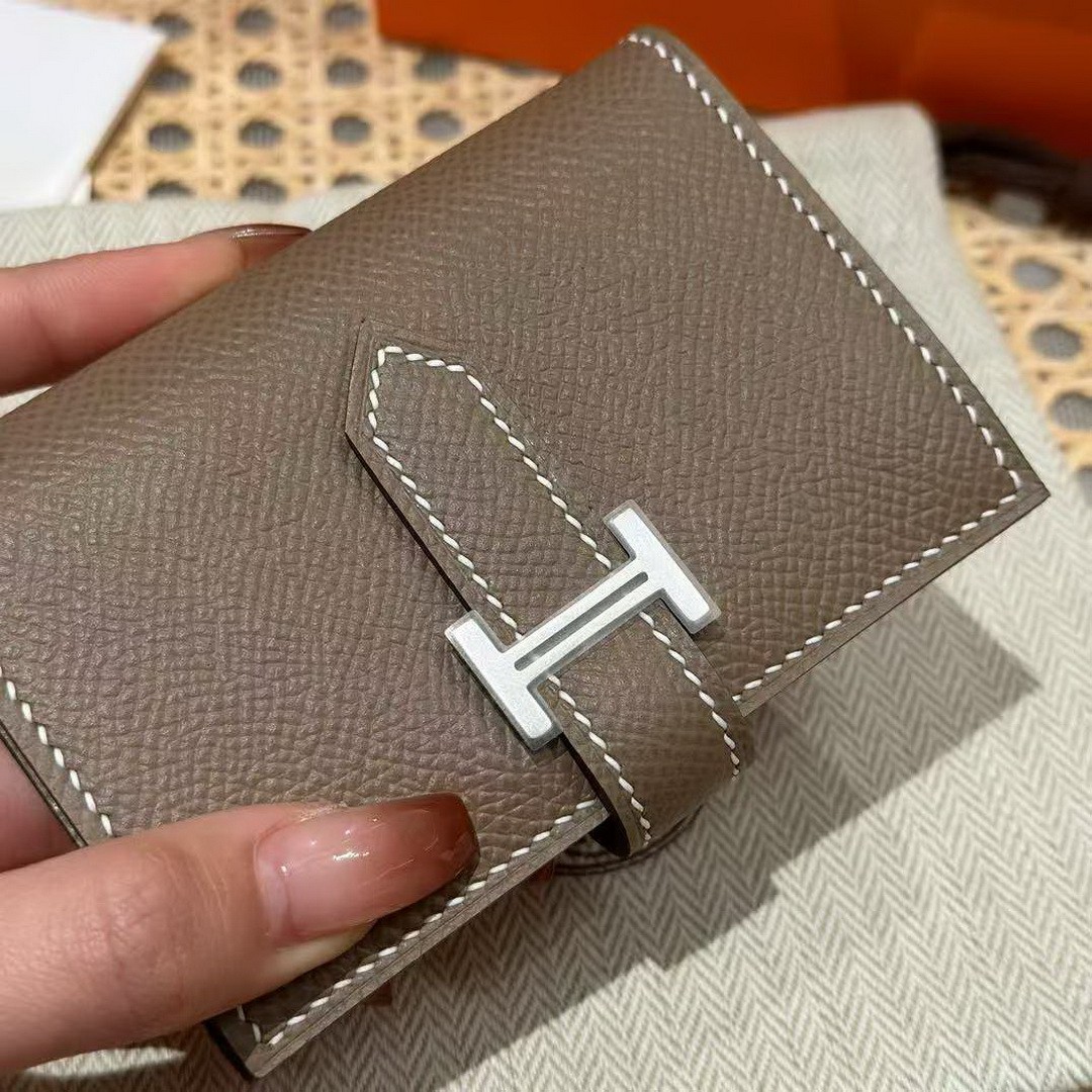 Hermes Bearn Mini Wallet Card Holder Handmade In Epsom Calfskin Leather Silver Hardware ck18 Etoupe - Image 14