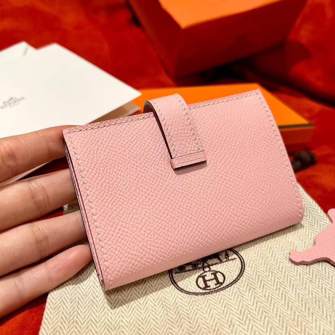 Hermes Bearn Mini Wallet Card Holder Handmade In Epsom Calfskin Leather Silver Hardware 3Q Rose Sakura - Image 13