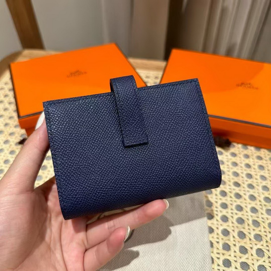 Hermes Bearn Mini Wallet Card Holder Handmade In Epsom Calfskin Leather Silver Hardware 73 Bleu Saphir - Image 8