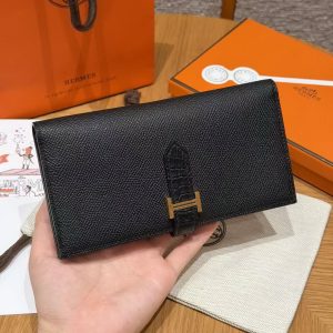 Hermes Bearn Wallet With Gusset Handmade In Epsom Calfskin Leather Matte Alligator Crocodile Gold Hardware 89 Noir