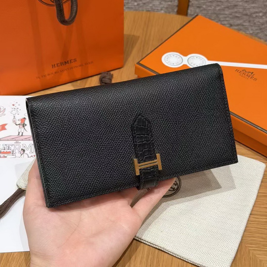 Hermes Bearn Wallet With Gusset Handmade In Epsom Calfskin Leather Matte Alligator Crocodile Gold Hardware 89 Noir