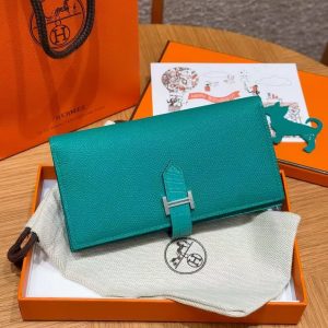 Hermes Bearn Wallet With Gusset Handmade In Epsom Calfskin Leather Matte Alligator Silver Hardware O6 Vert Jade