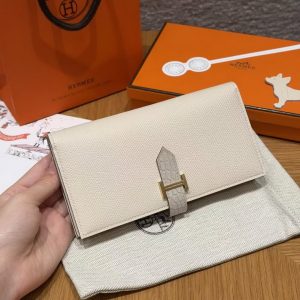 Hermes Bearn Wallet With Gusset Handmade In Epsom Calfskin Leather and Matte Alligator Crocodile Gold Hardware 10 Craie