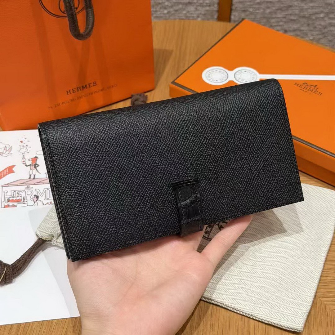 Hermes Bearn Wallet With Gusset Handmade In Epsom Calfskin Leather Matte Alligator Crocodile Gold Hardware 89 Noir - Image 2