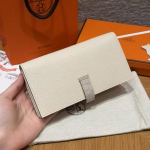 Alternative view of Hermes Bearn Wallet With Gusset Handmade In Epsom Calfskin Leather and Matte Alligator Crocodile Gold Hardware 10 Craie
