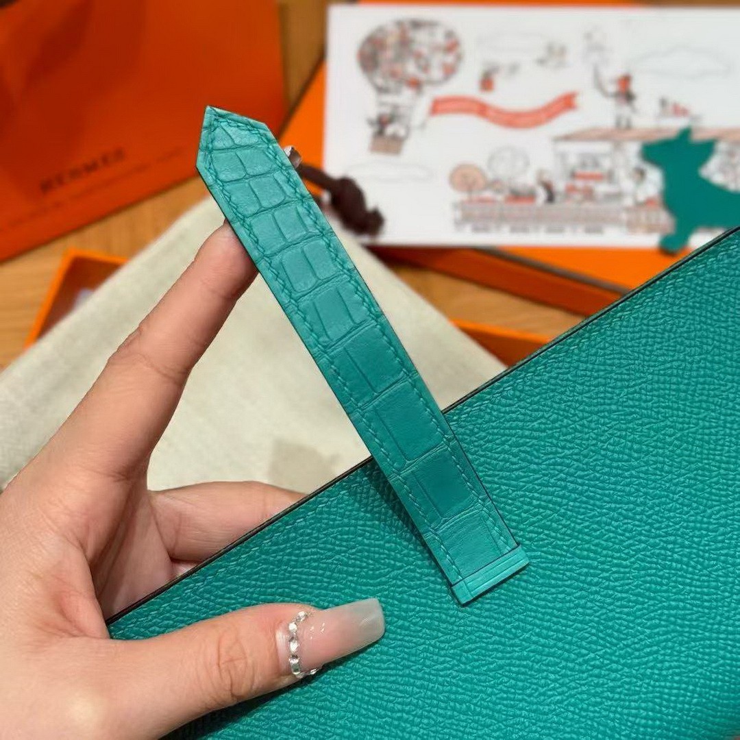 Hermes Bearn Wallet With Gusset Handmade In Epsom Calfskin Leather Matte Alligator Silver Hardware O6 Vert Jade - Image 15