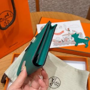 Hermes Bearn Wallet With Gusset Handmade In Epsom Calfskin Leather Matte Alligator Silver Hardware O6 Vert Jade - Image 7