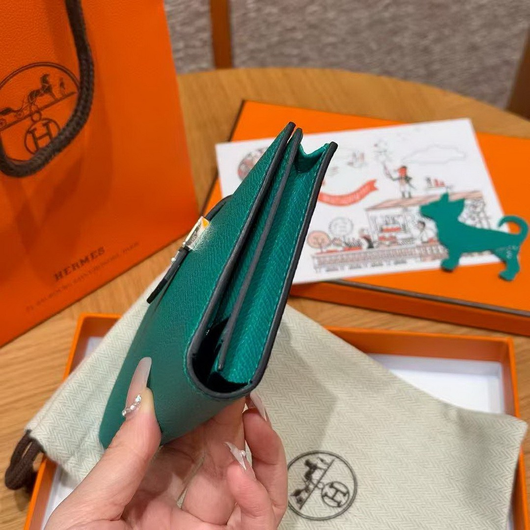 Hermes Bearn Wallet With Gusset Handmade In Epsom Calfskin Leather Matte Alligator Silver Hardware O6 Vert Jade - Image 7