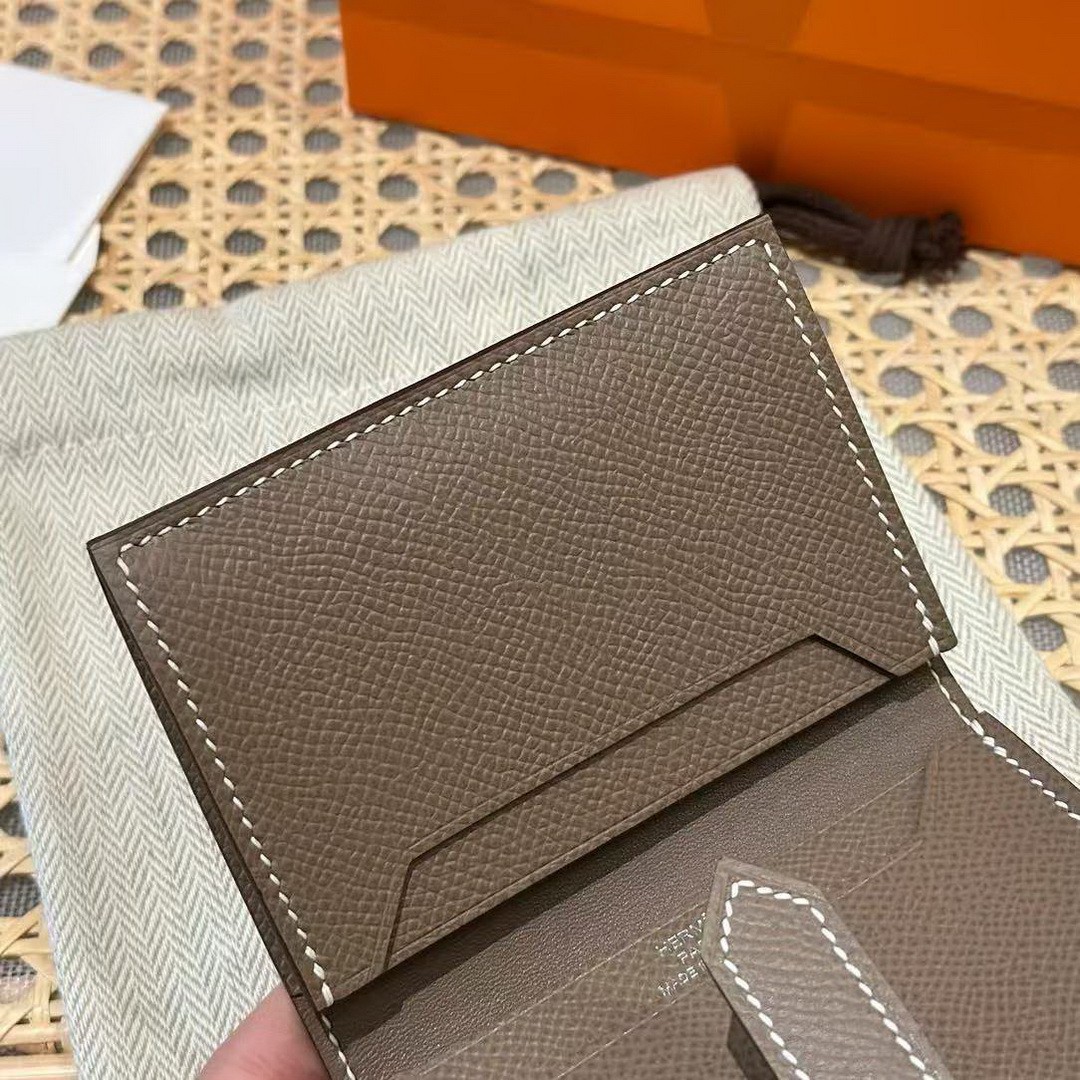 Hermes Bearn Mini Wallet Card Holder Handmade In Epsom Calfskin Leather Silver Hardware ck18 Etoupe - Image 6
