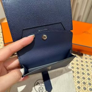Hermes Bearn Mini Wallet Card Holder Handmade In Epsom Calfskin Leather Silver Hardware 73 Bleu Saphir - Image 5