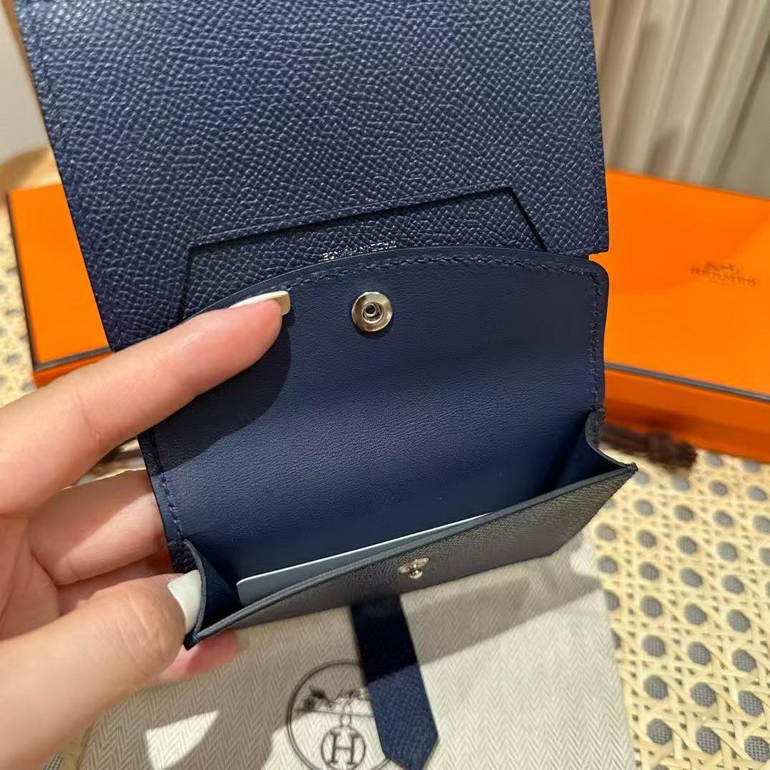 Hermes Bearn Mini Wallet Card Holder Handmade In Epsom Calfskin Leather Silver Hardware 73 Bleu Saphir - Image 5