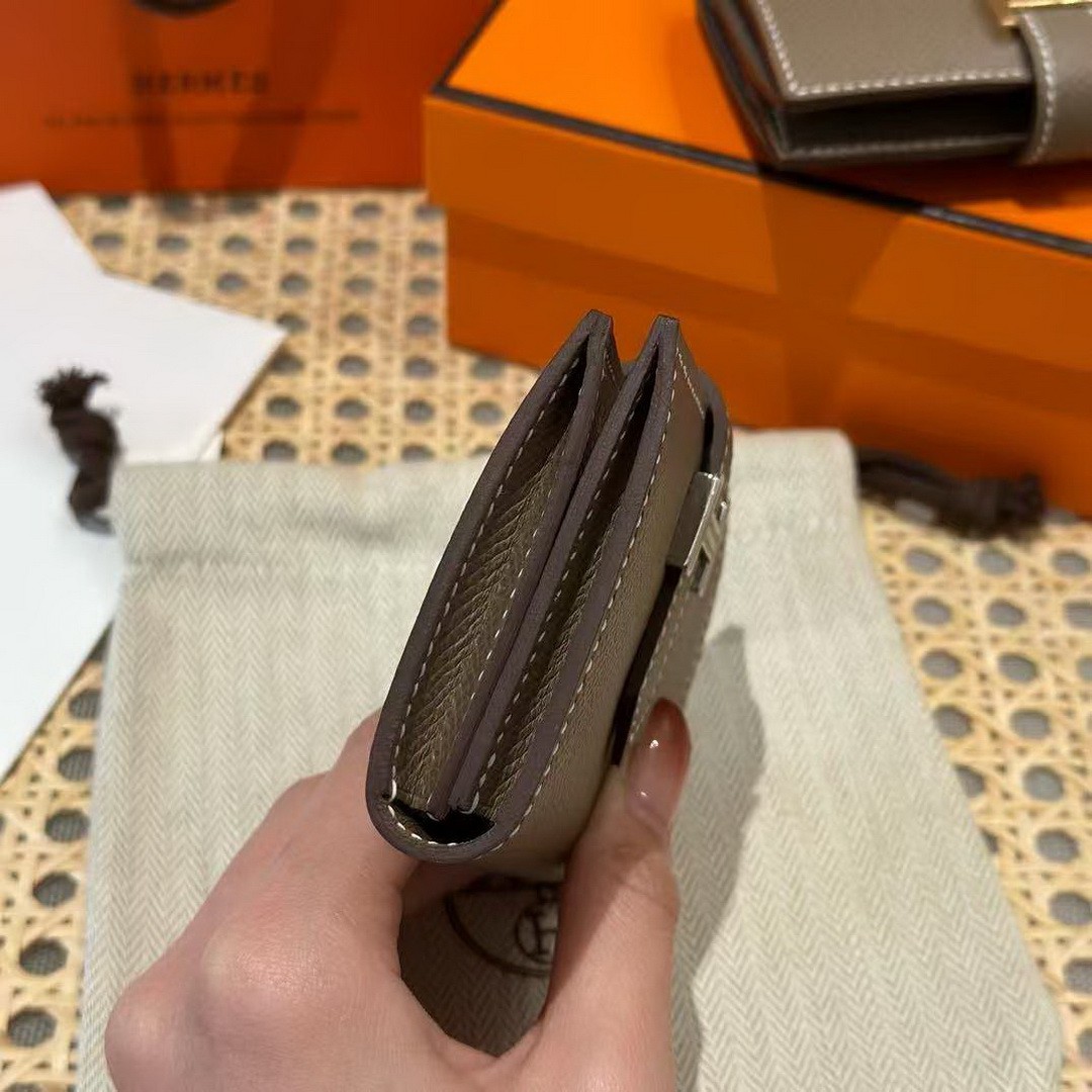 Hermes Bearn Mini Wallet Card Holder Handmade In Epsom Calfskin Leather Silver Hardware ck18 Etoupe - Image 11