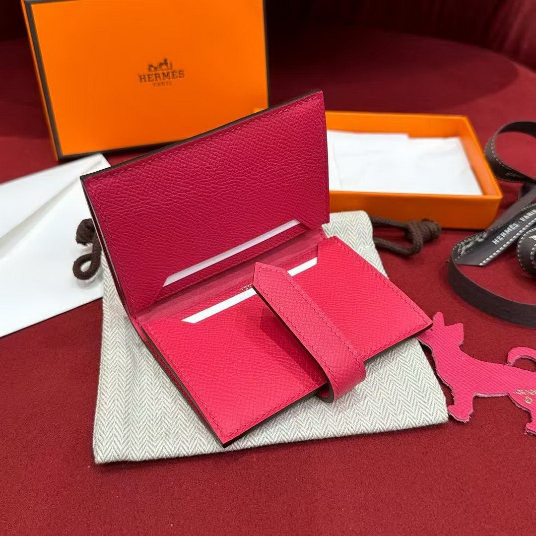 Hermes Bearn Mini Wallet Card Holder Handmade In Epsom Calfskin Leather Gold Hardware i6 Rose Extreme - Image 7