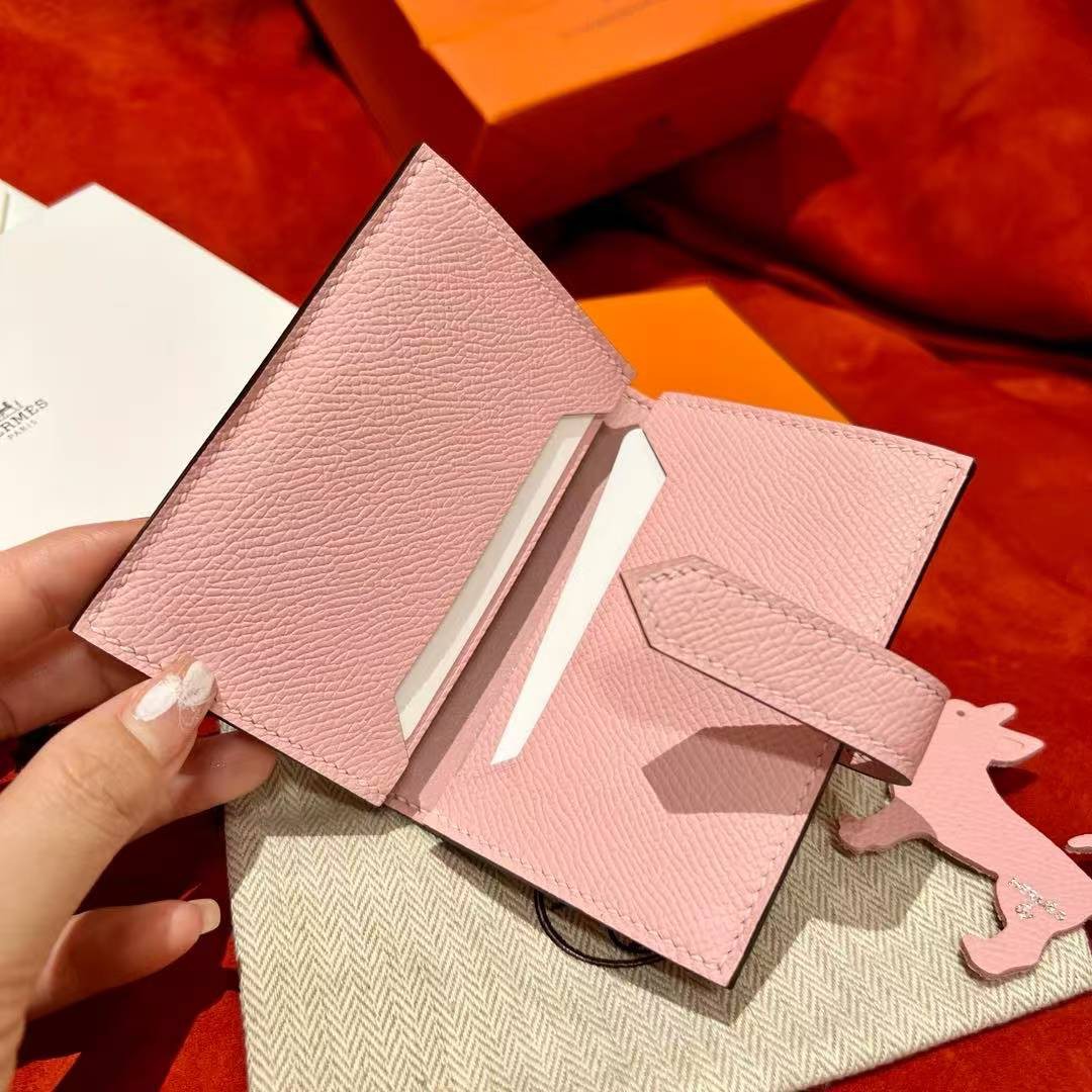 Hermes Bearn Mini Wallet Card Holder Handmade In Epsom Calfskin Leather Silver Hardware 3Q Rose Sakura - Image 11