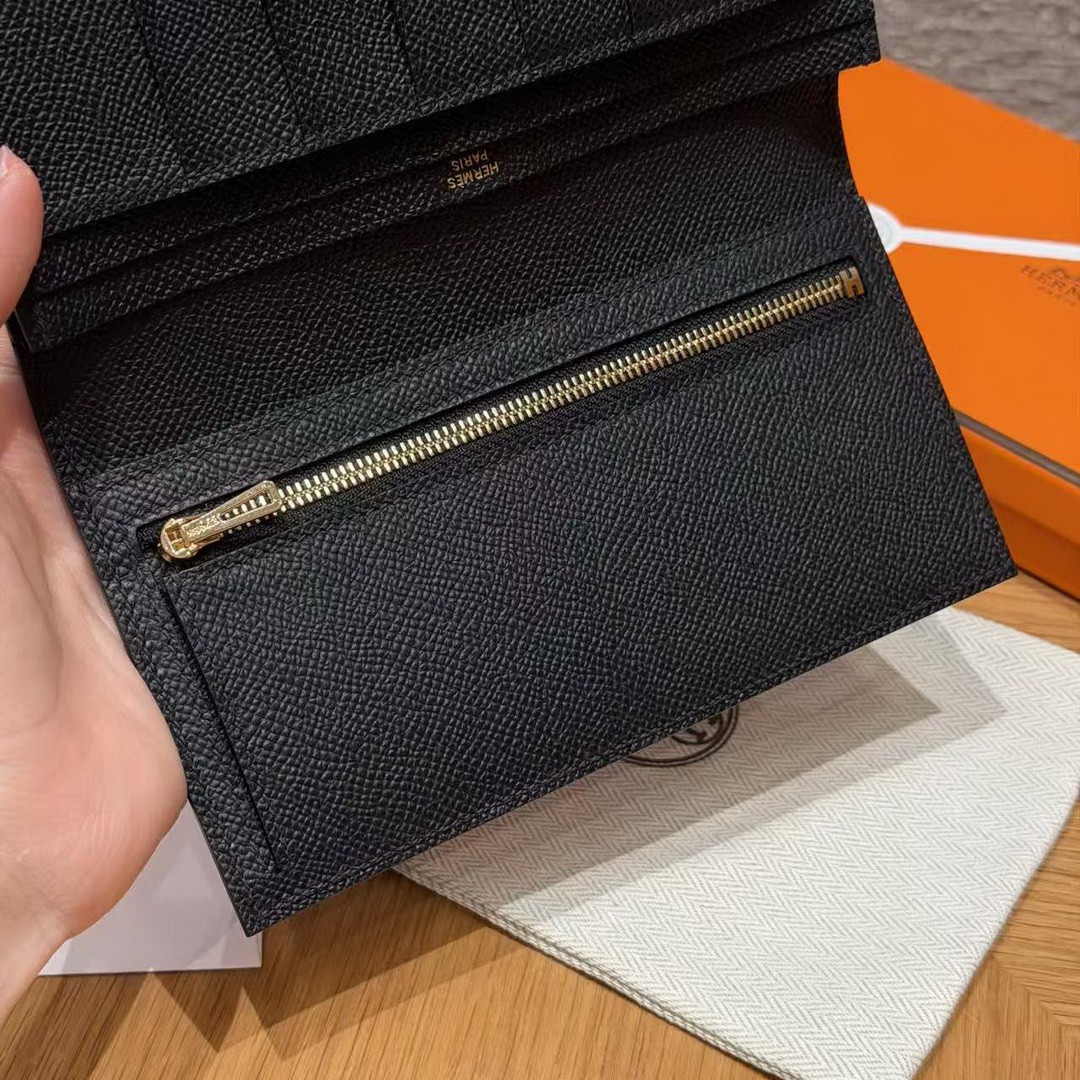 Hermes Bearn Wallet With Gusset Handmade In Epsom Calfskin Leather Matte Alligator Crocodile Gold Hardware 89 Noir - Image 11