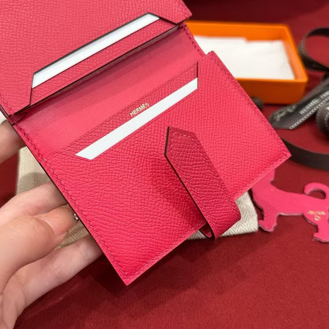Hermes Bearn Mini Wallet Card Holder Handmade In Epsom Calfskin Leather Gold Hardware i6 Rose Extreme - Image 4