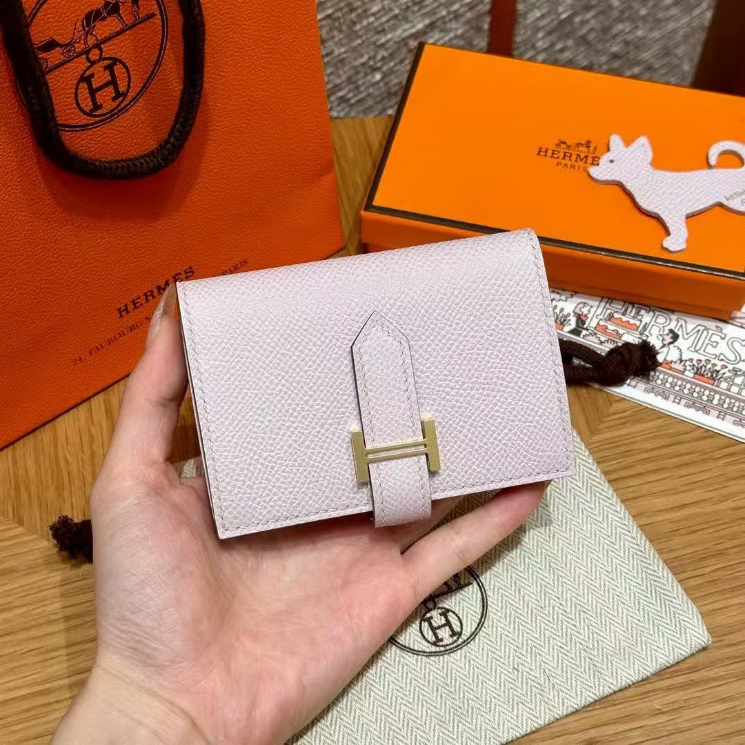 Hermes Bearn Mini Wallet Card Holder Handmade In Epsom Calfskin Leather Gold Hardware 09 Mauve Pale - Image 9