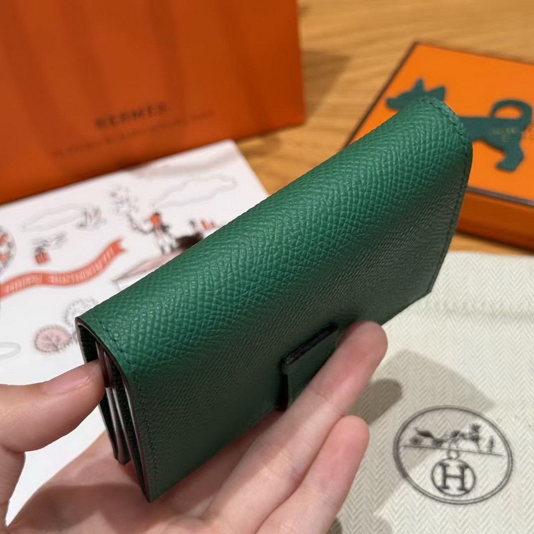 Hermes Bearn Mini Wallet Card Holder Handmade In Epsom Calfskin Leather Gold Hardware U4 Vert Vertigo - Image 10