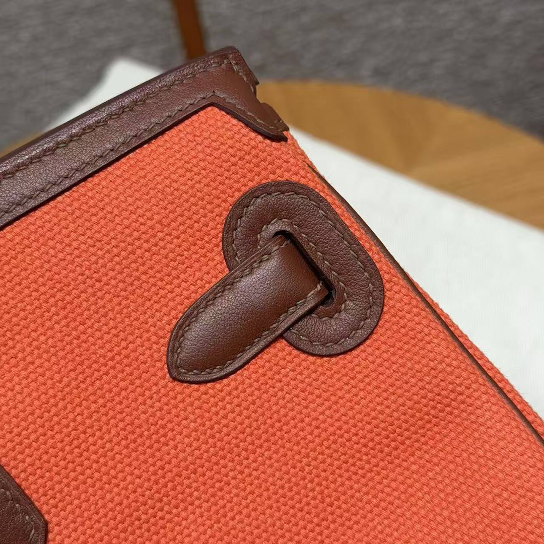 Hermes Birkin Cargo 35 Bag Handmade In Swift Calfskin Leather And Canvas Silver Hardware G0 Orange Field 47 Chocolate - Image 6
