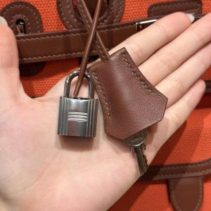 Hermes Birkin Cargo 35 Bag Handmade In Swift Calfskin Leather And Canvas Silver Hardware G0 Orange Field 47 Chocolate - Image 9