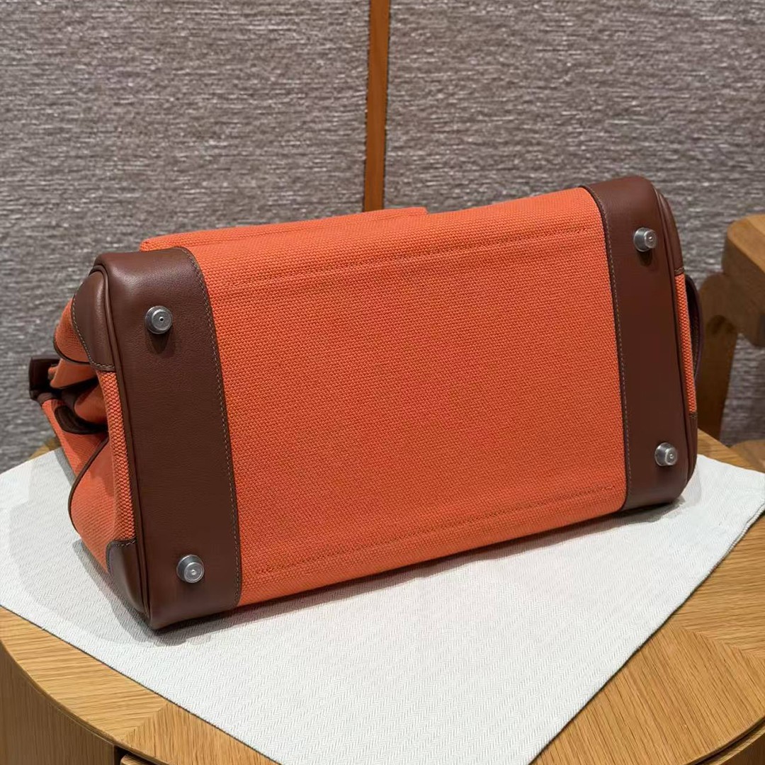 Hermes Birkin Cargo 35 Bag Handmade In Swift Calfskin Leather And Canvas Silver Hardware G0 Orange Field 47 Chocolate - Image 19