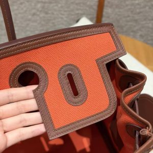 Hermes Birkin Cargo 35 Bag Handmade In Swift Calfskin Leather And Canvas Silver Hardware G0 Orange Field 47 Chocolate - Image 11