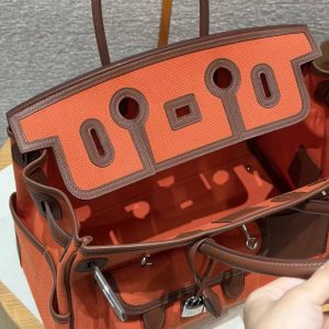 Hermes Birkin Cargo 35 Bag Handmade In Swift Calfskin Leather And Canvas Silver Hardware G0 Orange Field 47 Chocolate - Image 12