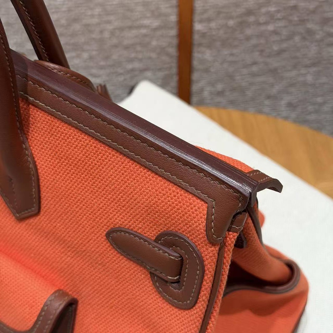 Hermes Birkin Cargo 35 Bag Handmade In Swift Calfskin Leather And Canvas Silver Hardware G0 Orange Field 47 Chocolate - Image 7