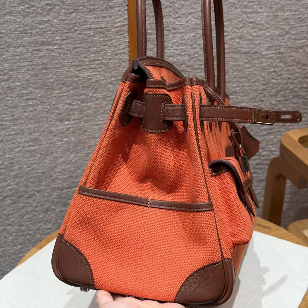 Hermes Birkin Cargo 35 Bag Handmade In Swift Calfskin Leather And Canvas Silver Hardware G0 Orange Field 47 Chocolate - Image 13