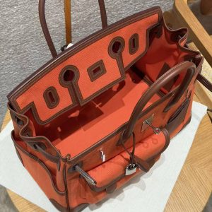 Hermes Birkin Cargo 35 Bag Handmade In Swift Calfskin Leather And Canvas Silver Hardware G0 Orange Field 47 Chocolate - Image 18