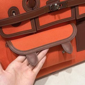 Hermes Birkin Cargo 35 Bag Handmade In Swift Calfskin Leather And Canvas Silver Hardware G0 Orange Field 47 Chocolate - Image 8