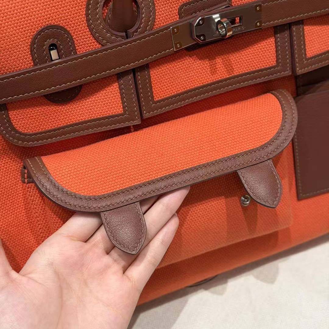 Hermes Birkin Cargo 35 Bag Handmade In Swift Calfskin Leather And Canvas Silver Hardware G0 Orange Field 47 Chocolate - Image 8