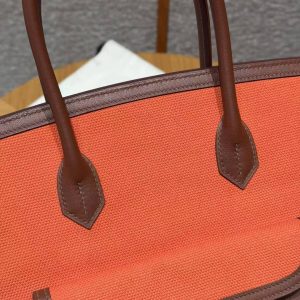 Hermes Birkin Cargo 35 Bag Handmade In Swift Calfskin Leather And Canvas Silver Hardware G0 Orange Field 47 Chocolate - Image 5
