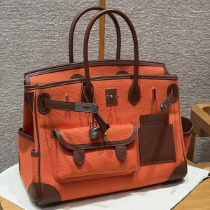 Hermes Birkin Cargo 35 Bag Handmade In Swift Calfskin Leather And Canvas Silver Hardware G0 Orange Field 47 Chocolate - Image 14
