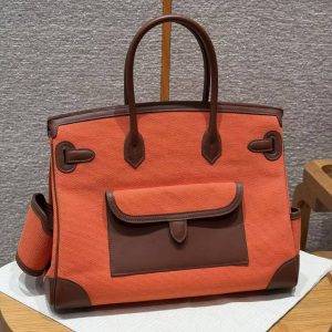 Alternative view of Hermes Birkin Cargo 35 Bag Handmade In Swift Calfskin Leather And Canvas Silver Hardware G0 Orange Field 47 Chocolate