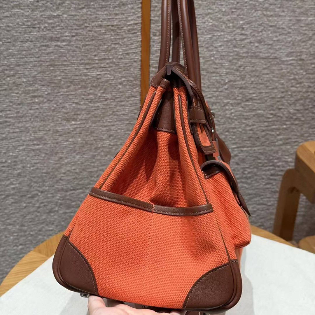 Hermes Birkin Cargo 35 Bag Handmade In Swift Calfskin Leather And Canvas Silver Hardware G0 Orange Field 47 Chocolate - Image 21