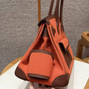 Hermes Birkin Cargo 35 Bag Handmade In Swift Calfskin Leather And Canvas Silver Hardware G0 Orange Field 47 Chocolate - Image 20