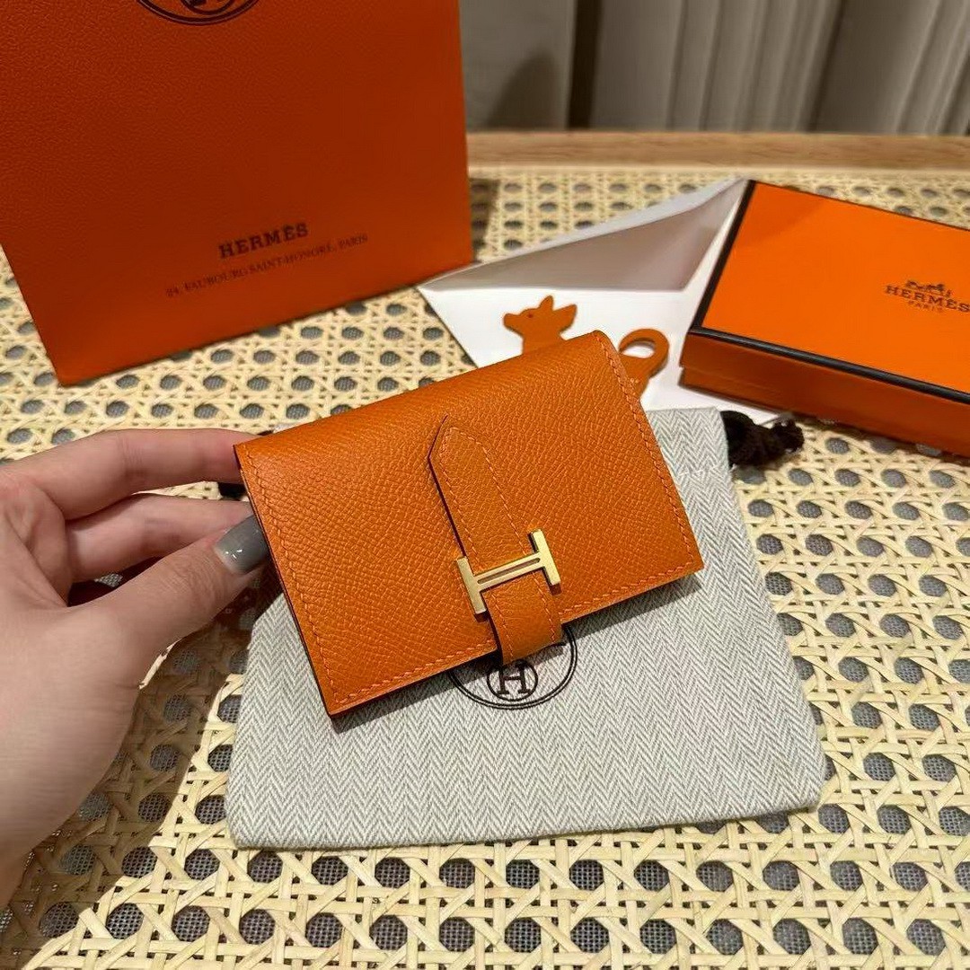 Hermes Bearn Mini Wallet Card Holder Handmade In Epsom Calfskin Leather Gold Hardware 93 Orange