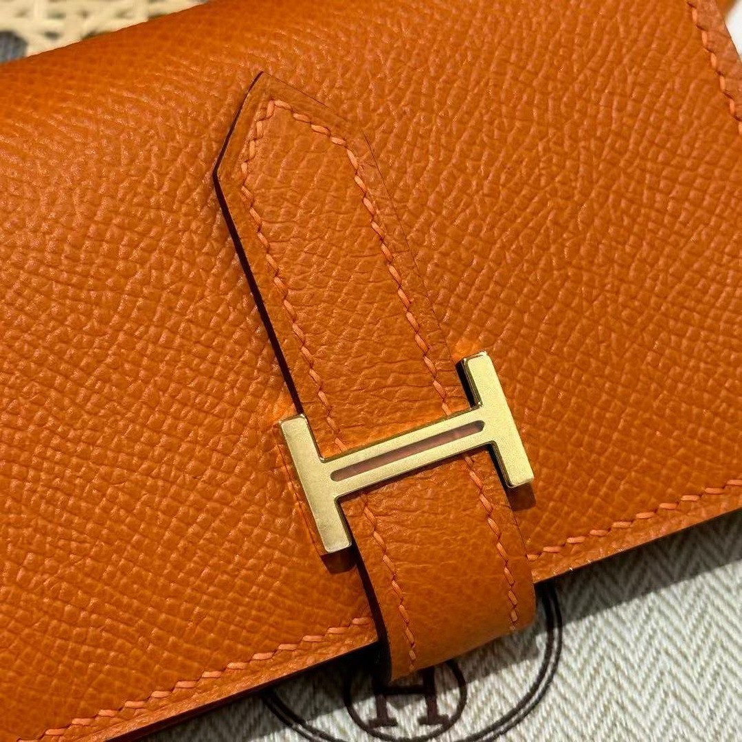 Hermes Bearn Mini Wallet Card Holder Handmade In Epsom Calfskin Leather Gold Hardware 93 Orange - Image 2
