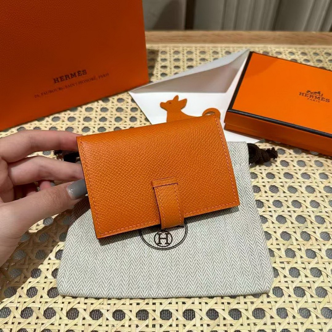 Hermes Bearn Mini Wallet Card Holder Handmade In Epsom Calfskin Leather Gold Hardware 93 Orange - Image 12