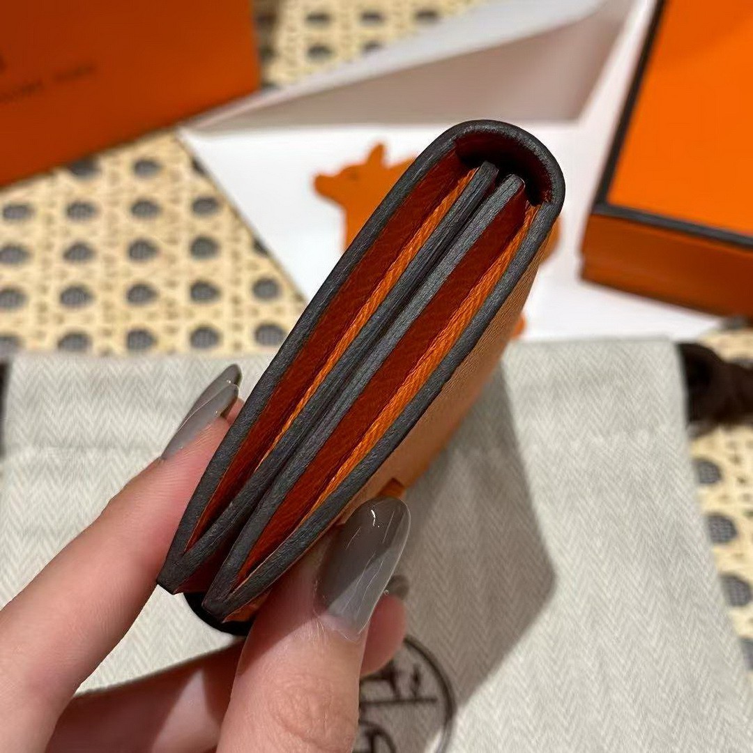 Hermes Bearn Mini Wallet Card Holder Handmade In Epsom Calfskin Leather Gold Hardware 93 Orange - Image 10