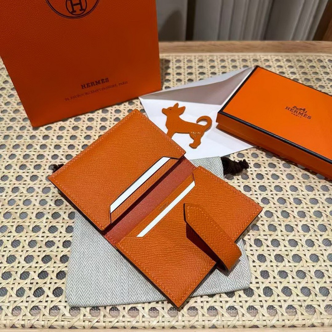 Hermes Bearn Mini Wallet Card Holder Handmade In Epsom Calfskin Leather Gold Hardware 93 Orange - Image 7